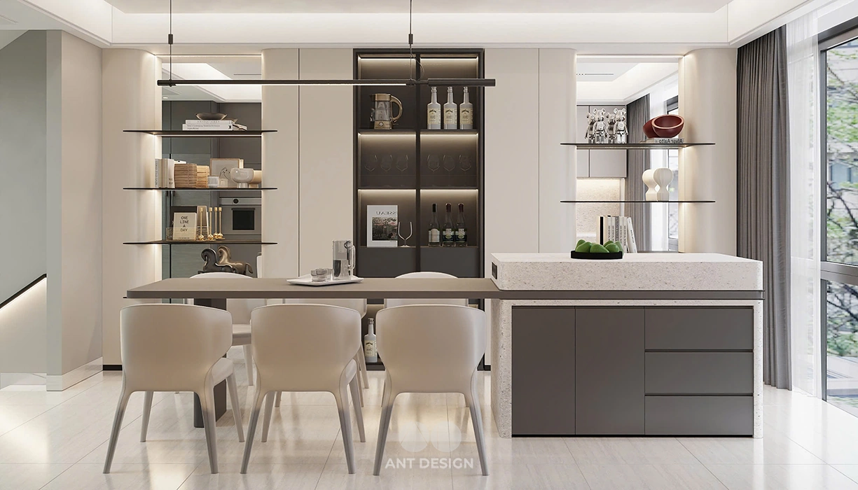 Tổng thể không gian bếp ăn liên thông thoáng đãng