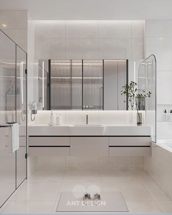 Tủ lavabo treo tường và gương led phòng tắm master