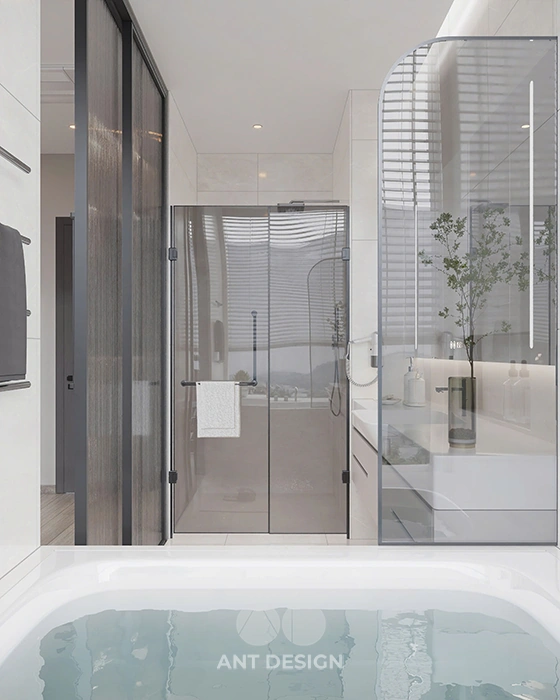 Vách kính tắm đứng ngăn cách khu khô và ướt